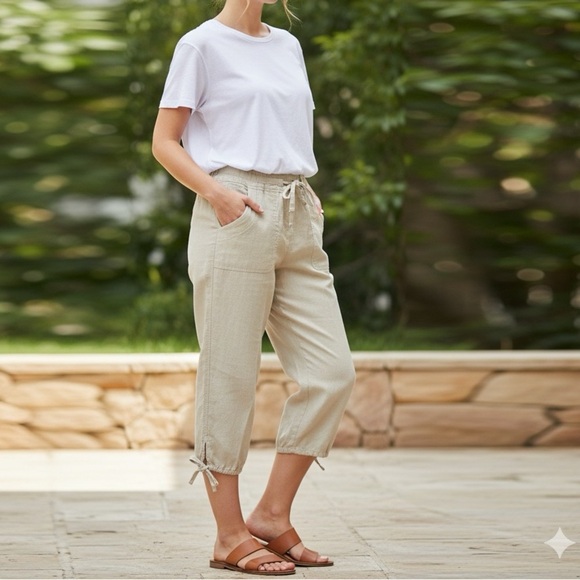 Women’s  Linen blend Beige Cargo Pants size small Wide Crop 23” inseam. - Picture 1 of 16